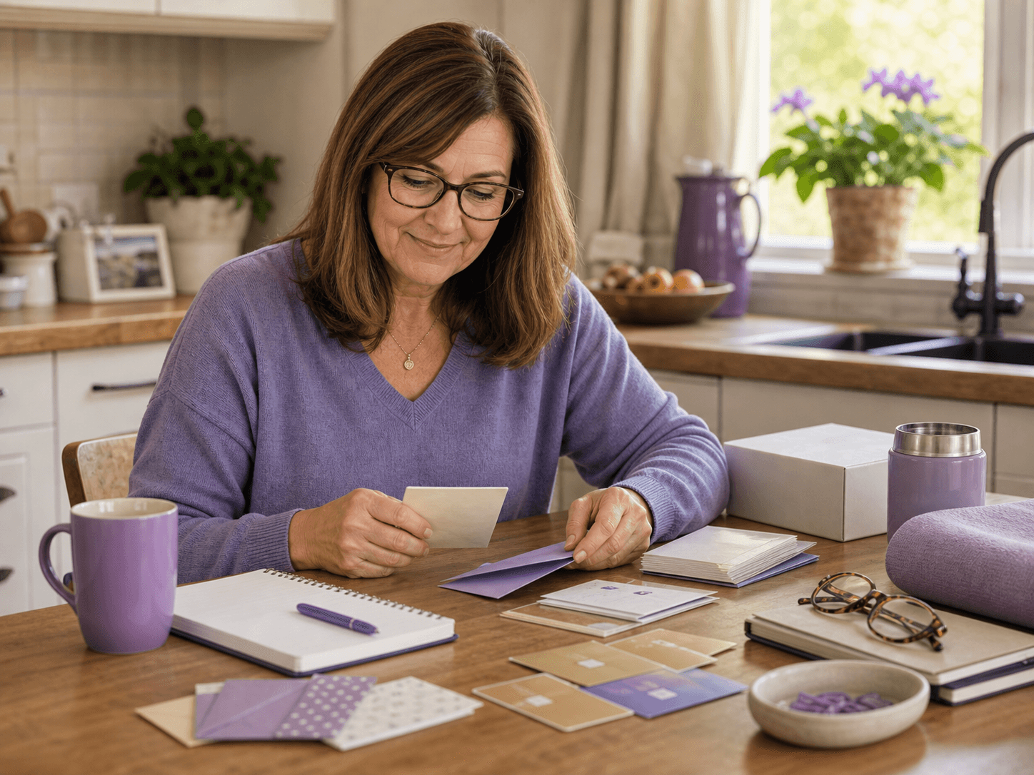 A long-time sweeper organizing prize mail, notes, and gift cards.