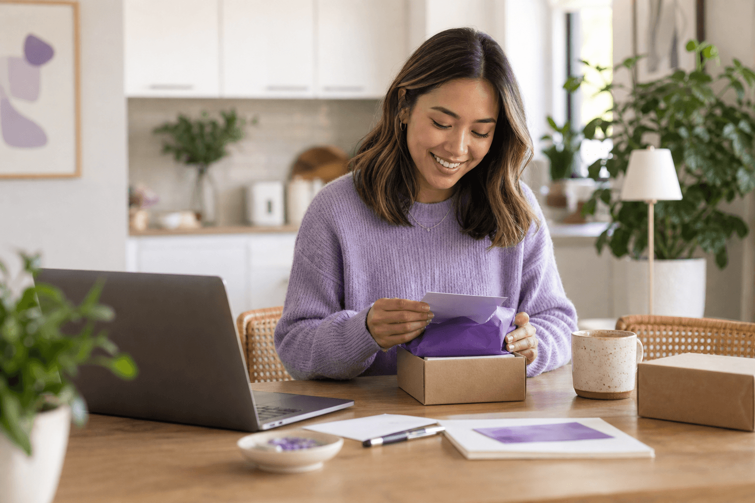 A young giveaway user opening a small prize box at home.