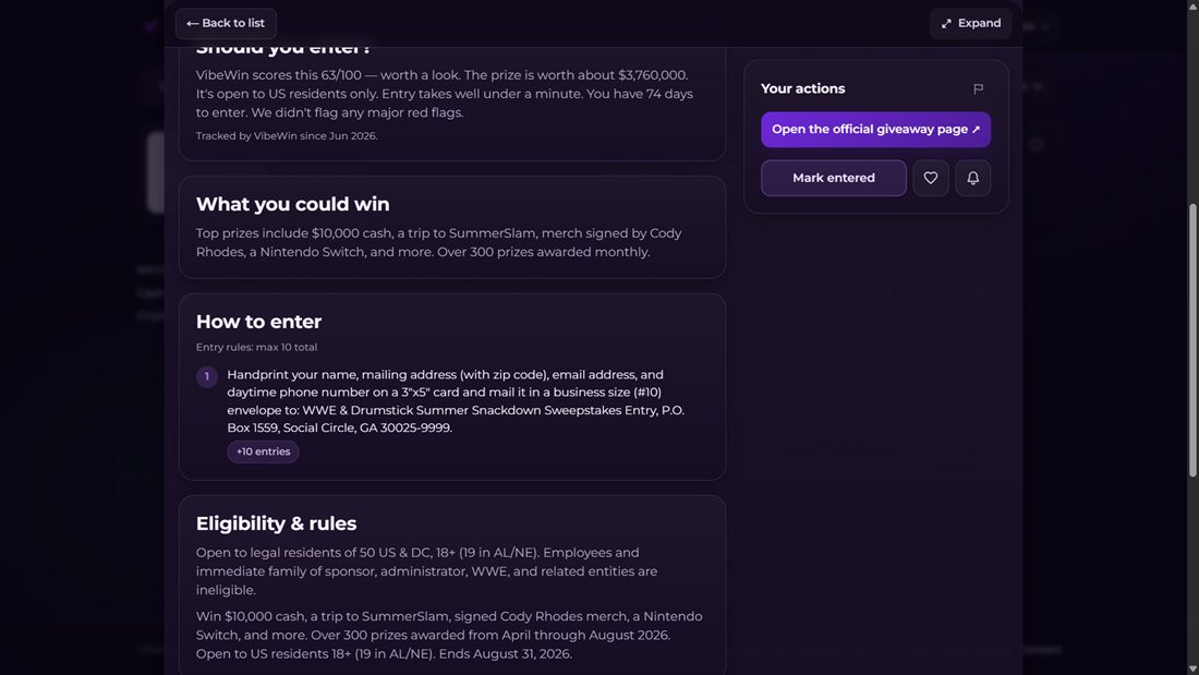 A VibeWin giveaway page showing a free mail-in AMOE listed next to the buy-to-enter option